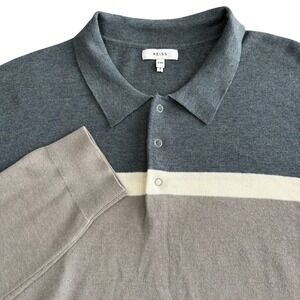 Reiss Eastlong Knit Polo Sweater Mens XXL Blue Gray Long Sleeve Colorblock